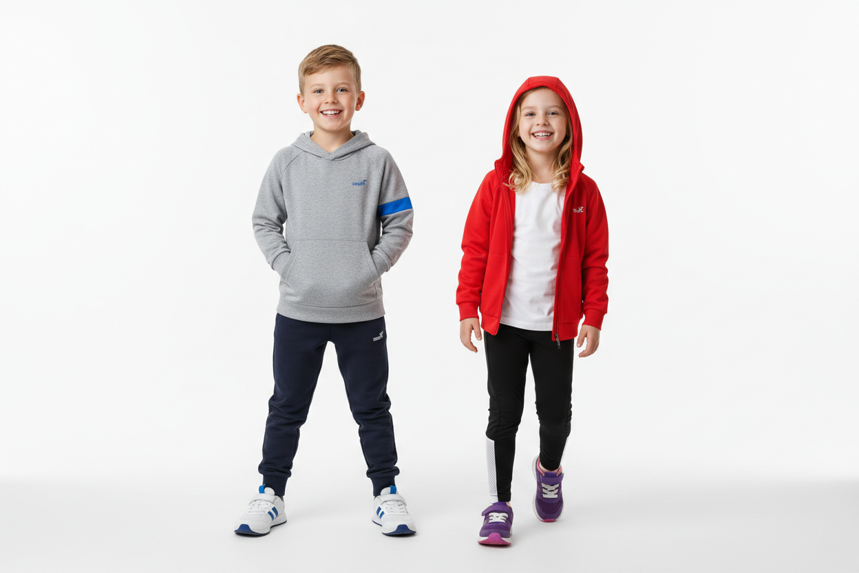 DUE BAMBINI MASCHIO E FEMMINA VESTITI SPORTIVI SFONDO BIANCO