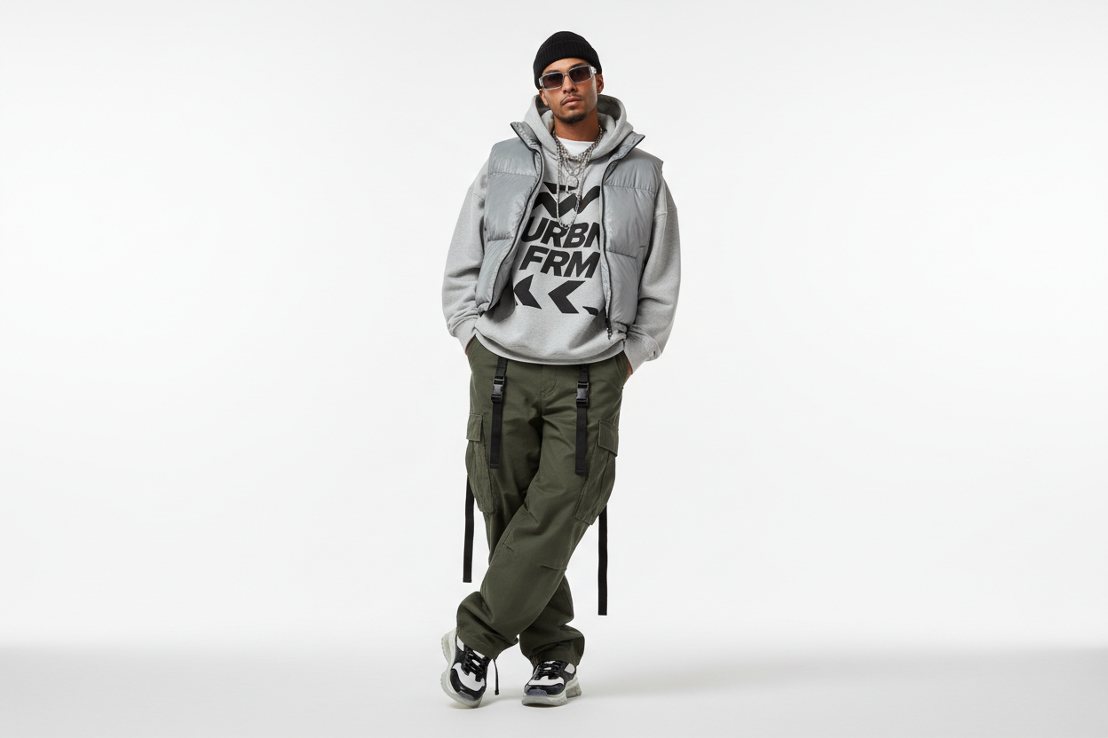 IMMAGINE DI UN UOMO CON SSFONDO BIANCO CON STILE STREETWEAR